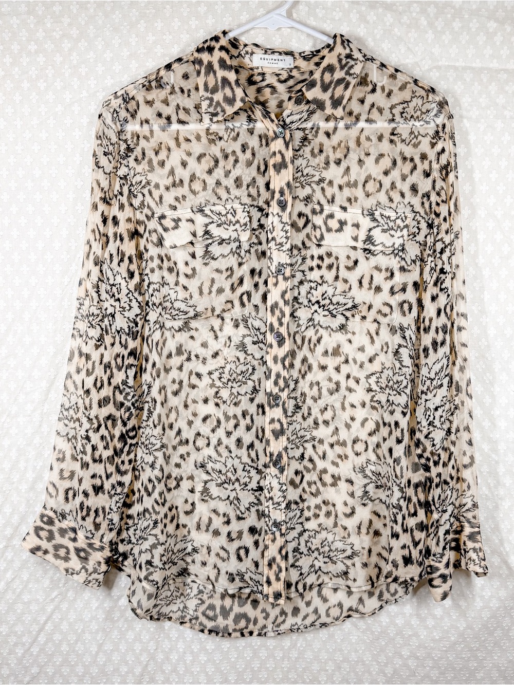 Equipment Tan Brown Leopard Print Sheer Silk Button Down Top